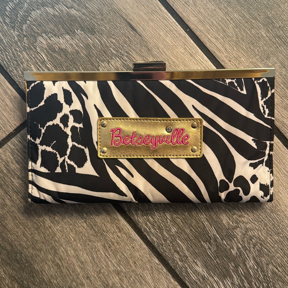 Betsey Johnson Clutch Wallet Black and White Animal Print Clutch Gold Closure
